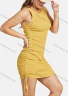 Wholesale Women's Casual Crew Neck Sleeveless Ribbed Side Drawstring Slim Knit Mini Dress 2123# - Liuhuamall