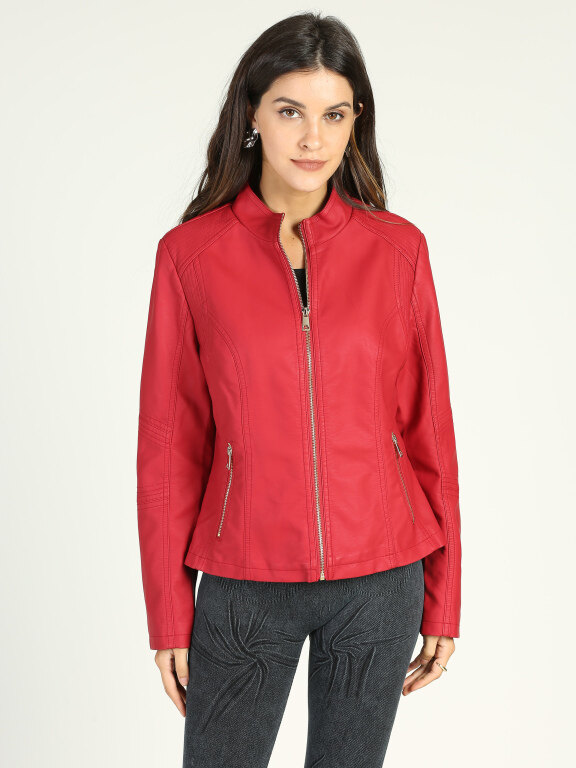 Women's Casual Plain Long Sleeve Stand Collar Zipper Leather Jacket With Zipper Pockets, Clothing Wholesale Market -LIUHUA, Coats%20%26%20Jackets
