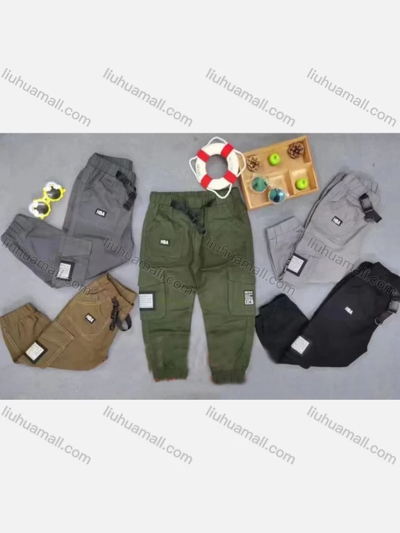 Wholesale Boy's Casual Labeled Elastic Waist Cargo Pants With Buckle 1086##