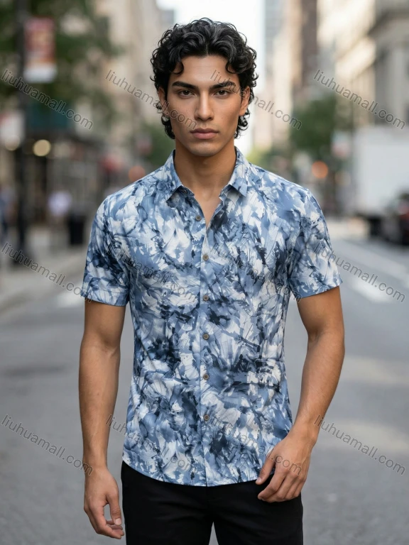 Wholesale 2026 Men's Slim Fit Short Sleeve Floral Printed Shirt, Teal Blue Pattern, Wholesale & In Stock