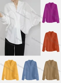 Wholesale Women's Elegant Lapel V Neck Batwing Sleeve Button Down Fake Pocket Plain Shirts 936537#, LIUHUA CLOTHING WHOLESALE
