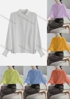 Wholesale Women's Casual Collared Bishop Sleeve Button Down Shirred Ruffle Trim Plain Shirts 097445# - Liuhuamall