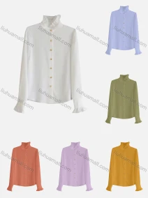 Wholesale Women's Casual Long Sleeve Ruffle Neck Button Down Plain Ruffle Trim Shirts 181921#, LIUHUA CLOTHING WHOLESALE