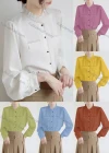 Wholesale Women's Elegant Long Sleeve Ruffle Neck Button Down Ruffle Trim Shirts 473526# - Liuhuamall