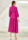 Wholesale Women's Elegant Stand Neck Button Front 3/4 Sleeve Ruched Ruffle Hem Midi Dress With Belt - Liuhuamall
