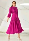 Wholesale Women's Elegant Stand Neck Button Front 3/4 Sleeve Ruched Ruffle Hem Midi Dress With Belt - Liuhuamall