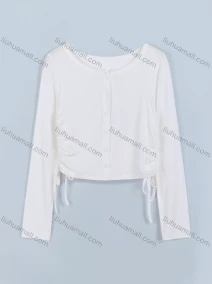 Wholesale Women's Casual Plain Crew Neck Long Sleeve Button Down Side Drawstring Cardigan, LIUHUA CLOTHING WHOLESALE