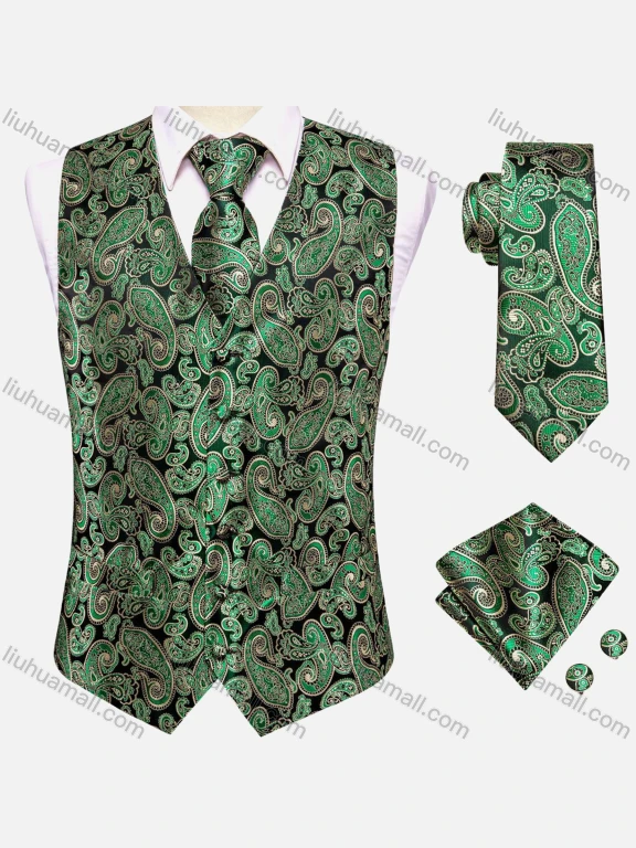 Wholesale Men's Formal Paisley Print Silky Waistcoat With Necktie & Kerchief & Cufflinks 4-piece Set