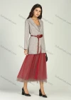 Wholesale Women's Plaid Lapel Belted Blazer With Pleated Veil Skirt 2 Piece Set - Liuhuamall