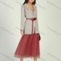 Wholesale Women's Plaid Lapel Belted Blazer With Pleated Veil Skirt 2 Piece Set preview