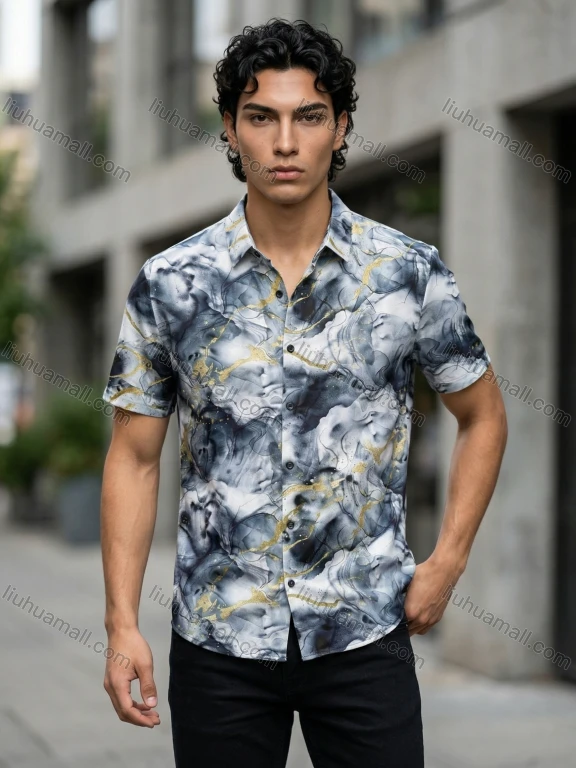 Wholesale 2026 Men's Slim Fit Short Sleeve Shirt Marble Print Gold Line Wholesale In Stock Fashion Casual Top