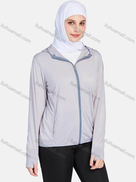 Wholesale Women's Sporty Hooded Windproof Breathable Dual Pockets Long Sleeve Jackets 1390-Gray#