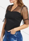 Wholesale Women's Sexy Lace Sleeve Heart Print Perspective Splicing Plain Blouse 1776# - Liuhuamall