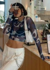 Wholesale Women's Sexy Long Sleeve Mesh Semi-sheer Crop Top Q21TP574# - Liuhuamall