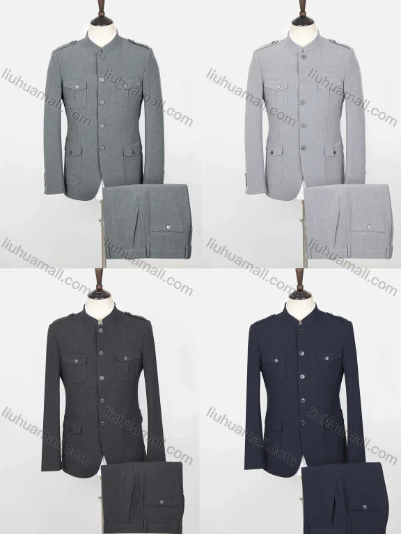 Wholesale Men's Plain Button Down Multiple Pockets Chinese Tunic Suit & Pants 2-Piece Sets BA220307#