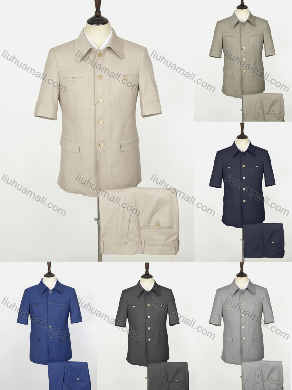 Wholesale Men's Plain Button Down Patch Pocket Short Sleeve Chinese Tunic Suit & Pants 2-Piece Set BV220301#