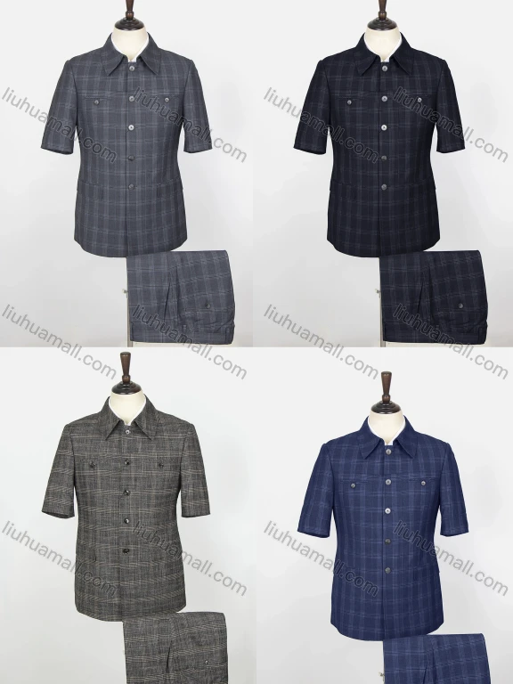 Wholesale Men's Plaid Button Down Patch Pocket Short Sleeve Shirt & Pants 2-Piece Sets BV220302#