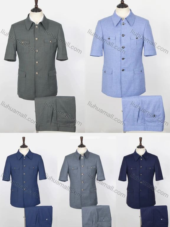 Wholesale Men's Plain Button Down Multiple Pockets Short Sleeve Chines Tunic Suit & Pants 2-Piece Sets BV220303#