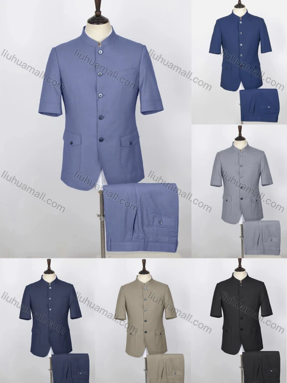 Wholesale Men's Plain Button Down Stand Collar Flap Pockets Short Sleeve Chinese Tunic Suit & Pants 2-Piece Sets BV220304#