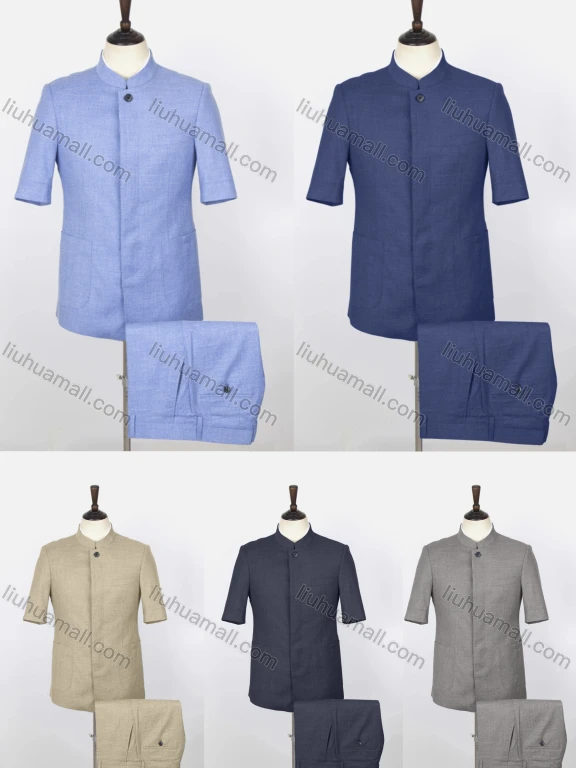 Wholesale Men's Plain Button Front Short Sleeve Patch Pocket Chinese Tunic Suit & Pants 2-Piece Sets BV220305#