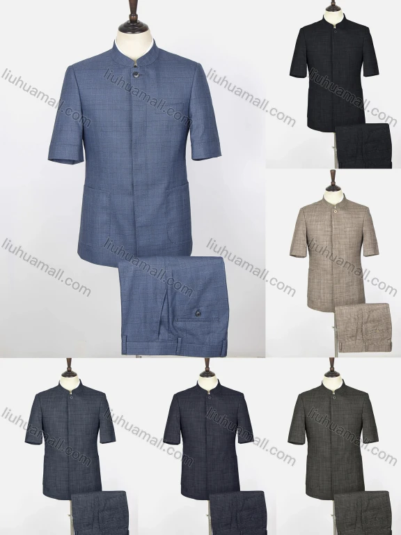 Wholesale Men's Plaid Print Button Front Stand Collar Patch Pocket Short Sleeve Chinese Tunic Suit & Pants 2-Piece Sets BV220306#