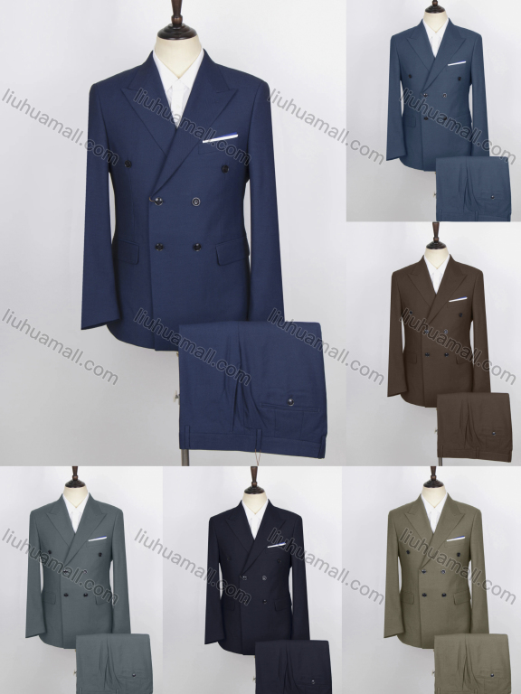 Wholesale Men's Business Plain Double Breasted Flap Pockets Blazer & Suit Pants 2-Piece Suit Sets DB220410#