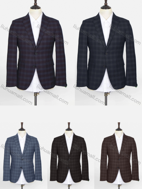 Wholesale Men's Formal Lapel Long Sleeve Two Buttons Flap Pockets Plaid Blazer Jackets