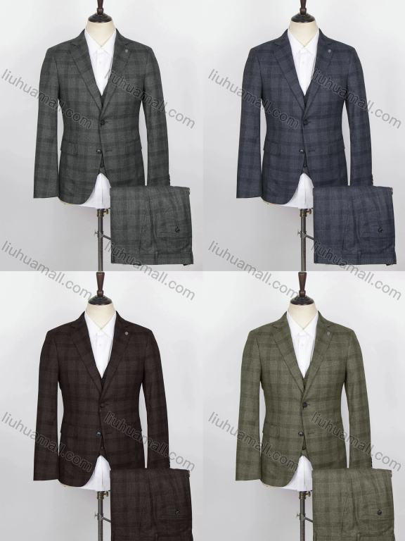 Wholesale Men's Plaid Print Two Button Flap Pockets Blazer & Vest & Suit Pants 3-Piece Suit Sets OG2207-X6502#