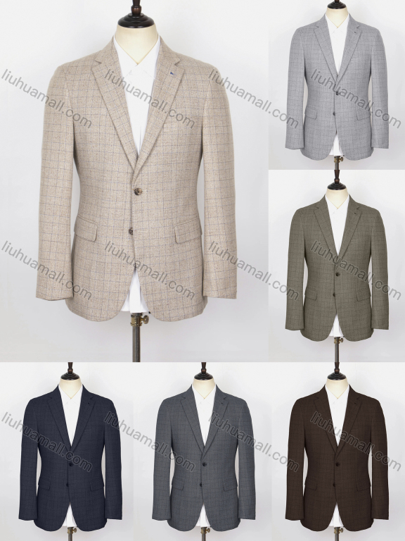 Wholesale Men's Formal Lapel Long Sleeve Two Buttons Flap Pockets Plaid Blazer Jackets