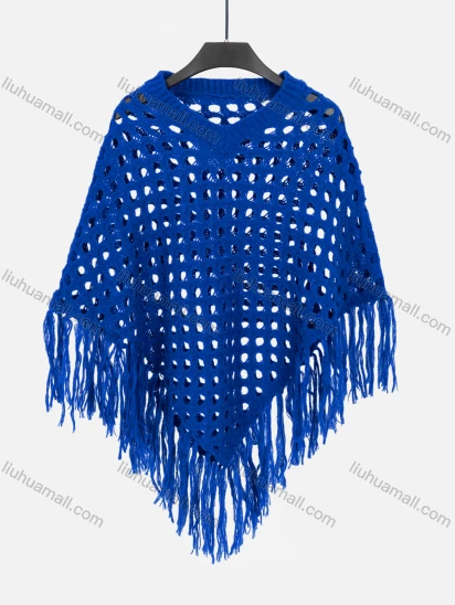 Wholesale Women's V Neck Plain Knitted Hollow Out Tassel Fringe Trim Poncho 80077#