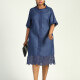 Women's Casual Crew Neck Half Sleeve Petal Hem Midi Denim Dress Blue Clothing Wholesale Market -LIUHUA