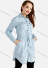 Wholesale Women's Long Sleeve Plain Button Front Curved Hem Drawstring Denim Tunic With Skinny Pants 2 Piece Set - Liuhuamall