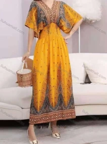 Wholesale Women's Boho V Neck Half Sleeve Polka Dot Peplum Dress, LIUHUA CLOTHING WHOLESALE