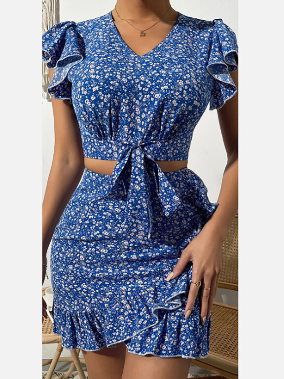 Women's V Neck Ruffle Sleeve Crop Top Floral Print 2 Piece SetLQ-B1140X#, LIUHUA Clothing Online Wholesale Market, All Categories
