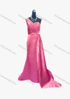 Wholesale Women's Elegant Plain One Shoulder Ruched Split Hem Beaded Applique Floor Length Evening Dress - Liuhuamall