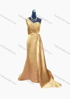 Wholesale Women's Elegant Plain One Shoulder Ruched Split Hem Beaded Applique Floor Length Evening Dress - Liuhuamall