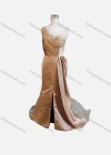 Wholesale Women's Elegant Plain One Shoulder Ruched Split Hem Beaded Applique Floor Length Evening Dress - Liuhuamall