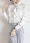 Wholesale Women's Casual Long Sleeve Mock Neck Hollow Out Ruffle Trim Plain Blouse 345253# - Liuhuamall