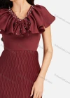 Wholesale Women's Casual Rhinestone Ruffle Trim Honeycomb Splicing V Neck Slit Hem Cocktail Dress - Liuhuamall
