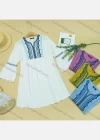 Wholesale Women's Elegant Notched Neck Bloues Pompom Trumpet Sleeve Embroidery Tunic 073# - Liuhuamall