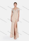 Wholesale Women's Sexy Split Thigh Lace Sleeve Rhinestone Zip Back Evening Dress - Liuhuamall