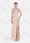 Wholesale Women's Sexy Split Thigh Lace Sleeve Rhinestone Zip Back Evening Dress - Liuhuamall