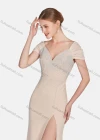 Wholesale Women's Sexy Split Thigh Lace Sleeve Rhinestone Zip Back Evening Dress - Liuhuamall