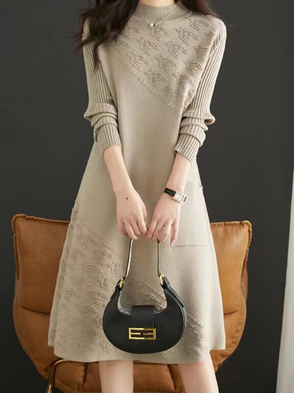 Women's Casual Plain Mock Neck Ribbed Knit Long Sleeve Midi Sweater Dress, Clothing Wholesale Market -LIUHUA, 