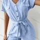 Wholesale Women's V Neck Short Sleeve Botton Down Plain Romper With Belt LQ3343L# 10# Clothing Wholesale Market Liuhua