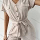 Wholesale Women's V Neck Short Sleeve Botton Down Plain Romper With Belt LQ3343L# Almond White Clothing Wholesale Market Liuhua
