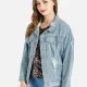 Women's Casual Drop Shoulder Flap Pocket Ripped Distressed Denim Jacket Light Blue Clothing Wholesale Market -LIUHUA