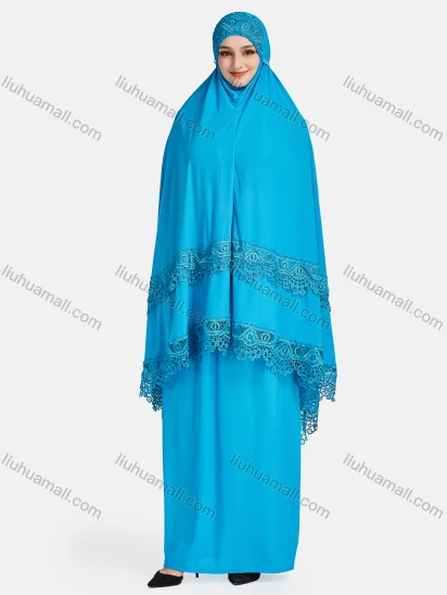 Wholesale Women's Vintage Islamic Plain Embroidery Lace Muslim Long Sleeve Hijab Maxi Scarf Khimar Abaya Dress