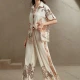 Wholesale Women's Two-Piece Set with Tropical Print Button-Up Shirt and Wide-Leg Pants Beige Clothing Wholesale Market Liuhua