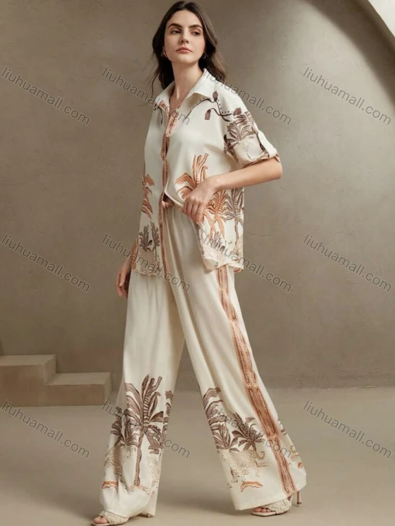 Wholesale Women's Two-Piece Set with Tropical Print Button-Up Shirt and Wide-Leg Pants